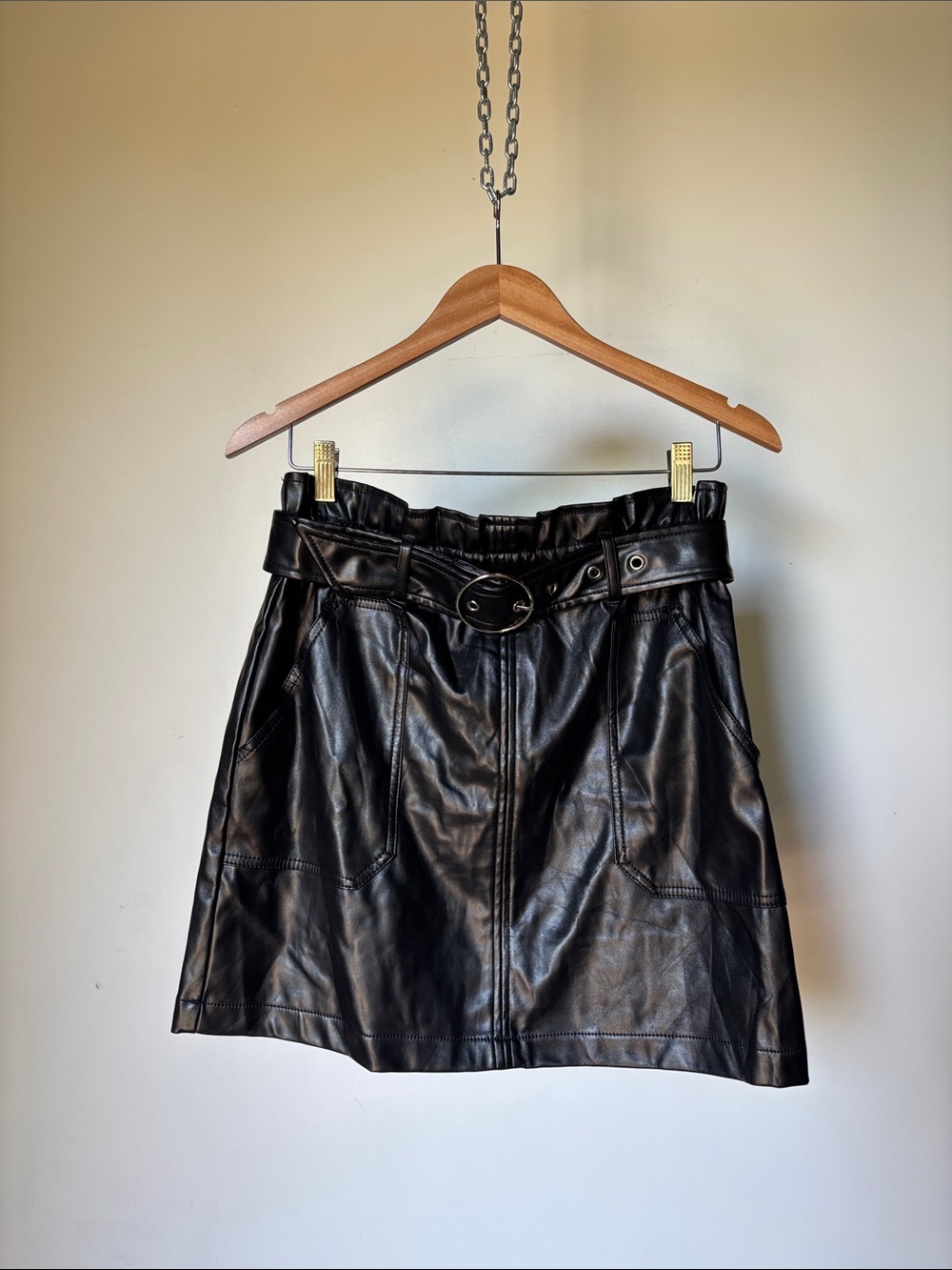 Haute Monde Black Faux Leather Mini Skirt with Belted Waist Size Large - Picture 3 of 6